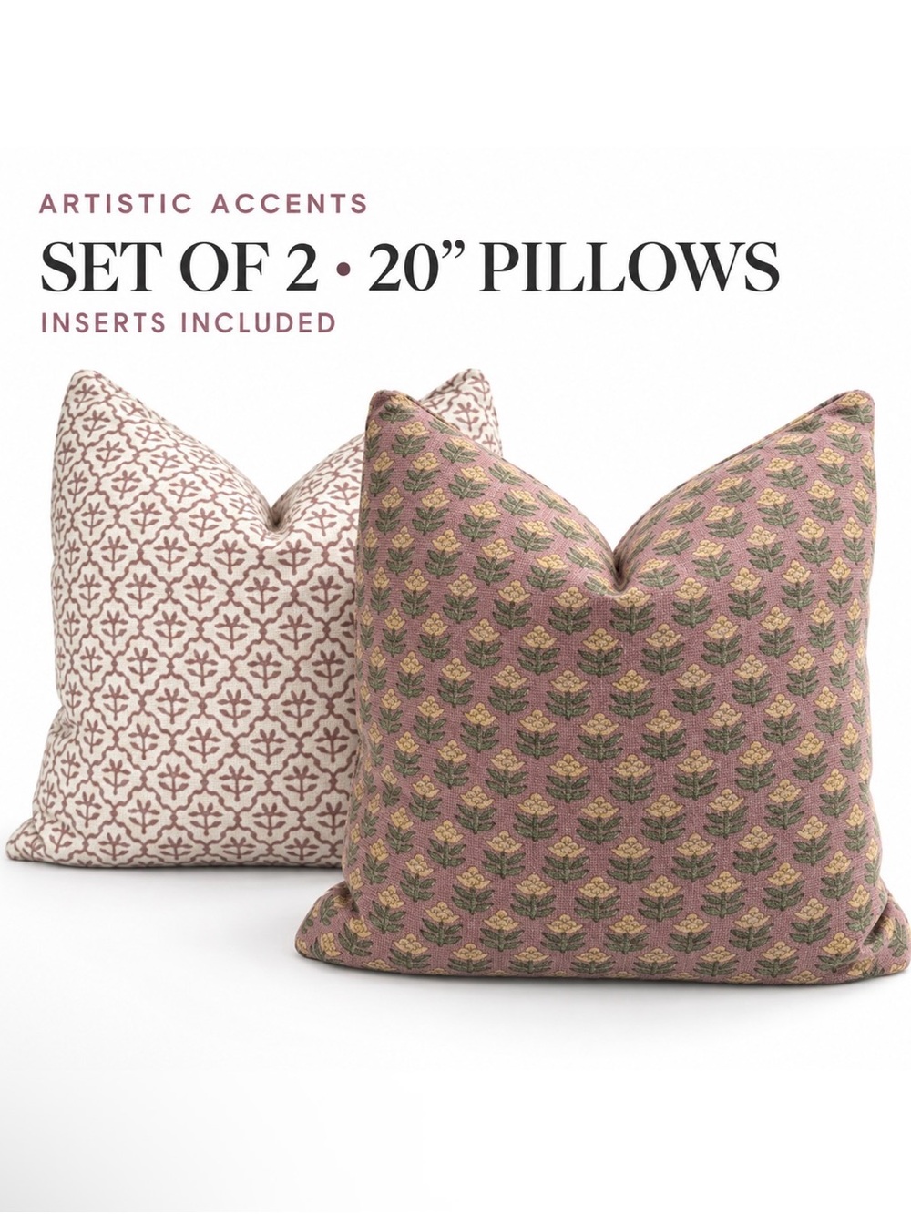 Artistic Accents, 20”x20” Throw Pillow Set with inserts patterns front and back